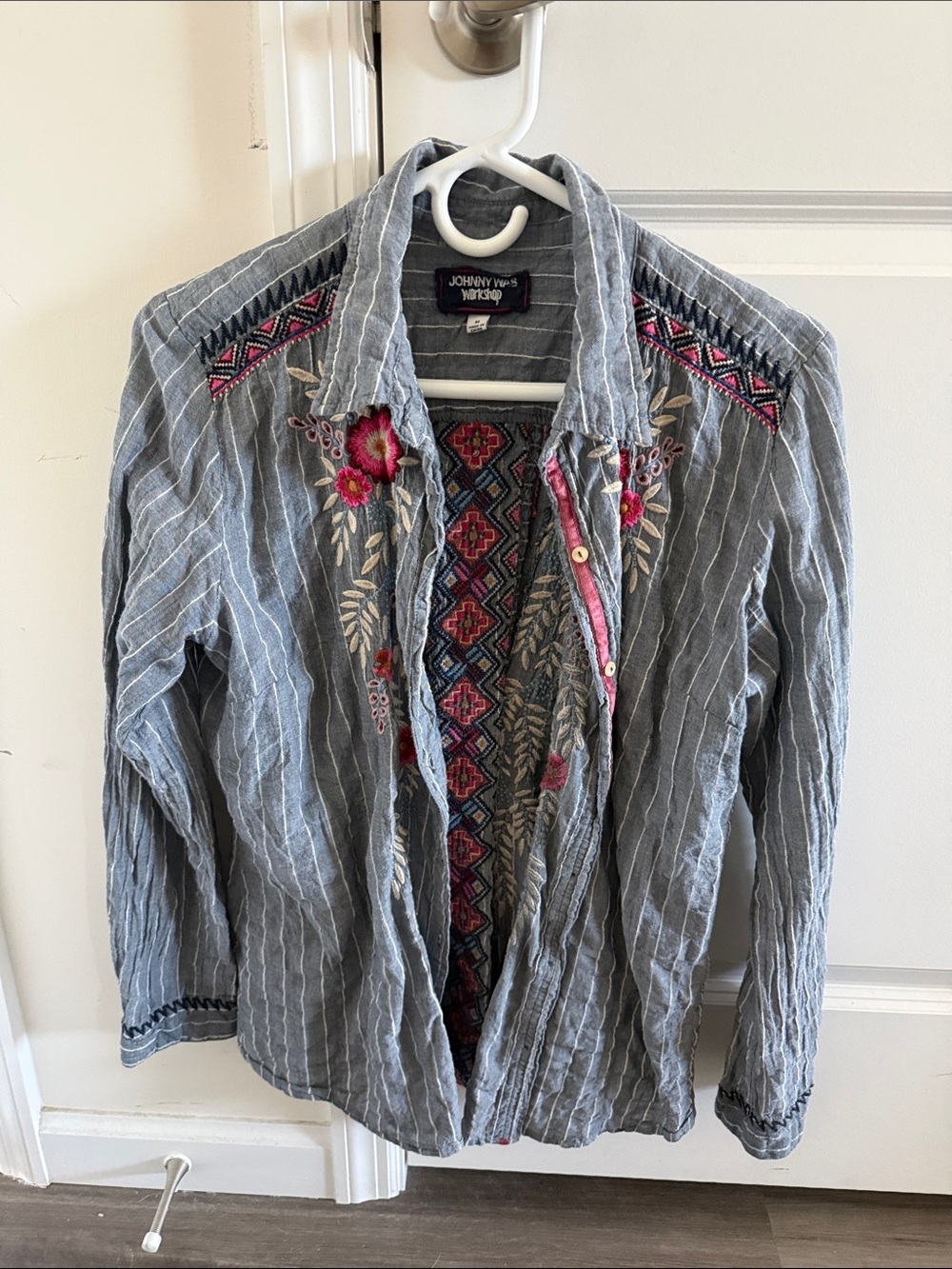 Johnny Was Gray Striped Embroidered Button-Down Shirt